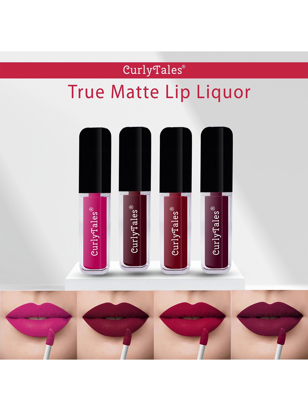 

CurlyTales Set Of 4 Lightweight & Waterproof True Matte Liquid Lipstick 16ml - 04+13+14+15, Maroon