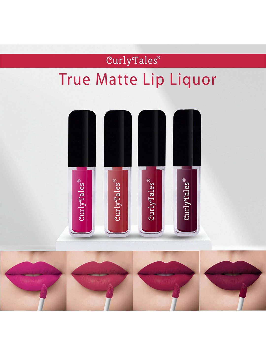 

CurlyTales Set Of 4 Lightweight & Waterproof True Matte Liquid Lipstick 16ml - 04+06+07+15, Red