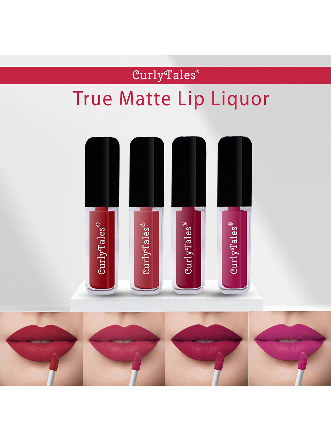 

CurlyTales Set Of 4 Lightweight & Waterproof True Matte Liquid Lipstick 16ml - 03+06+07+12, Pink