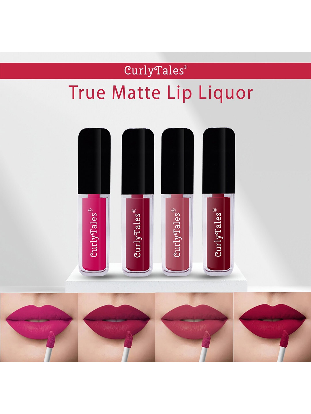 

CurlyTales Set Of 4 Lightweight & Waterproof True Matte Liquid Lipsticks - 05, 07, 08, 14, Pink