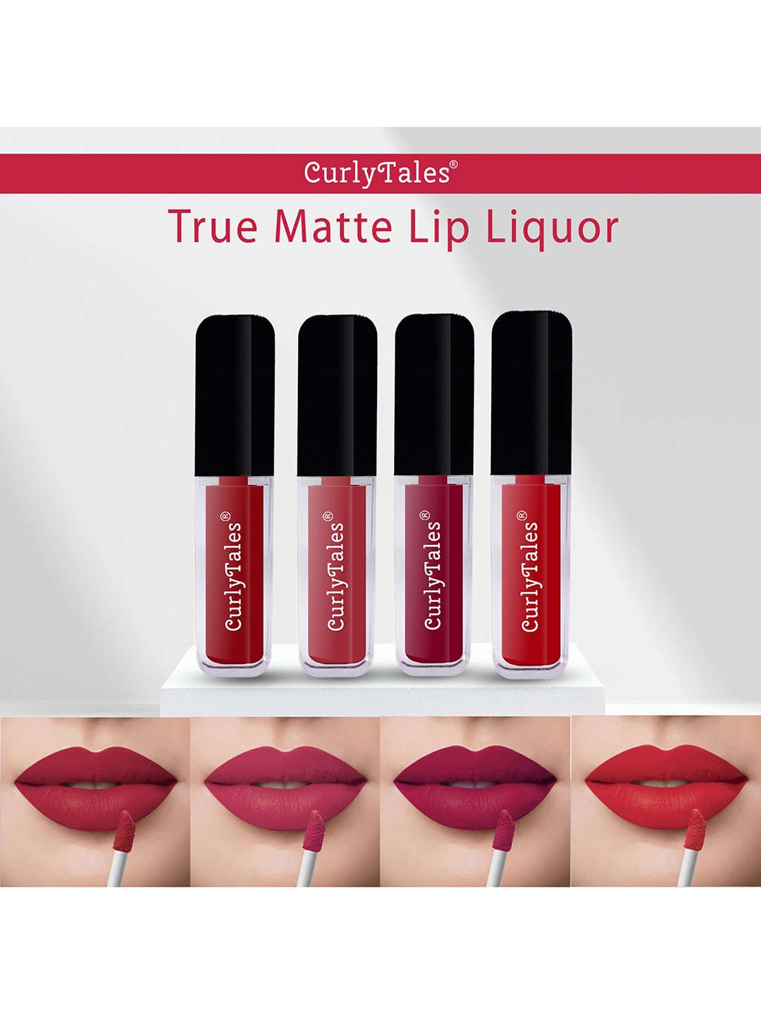 

CurlyTales Set of 4 Lightweight & Waterproof True Matte Liquid Lipsticks 4 ml Each- Red 03 - Brick Red 06 - Cherry Red 07 - Red 11