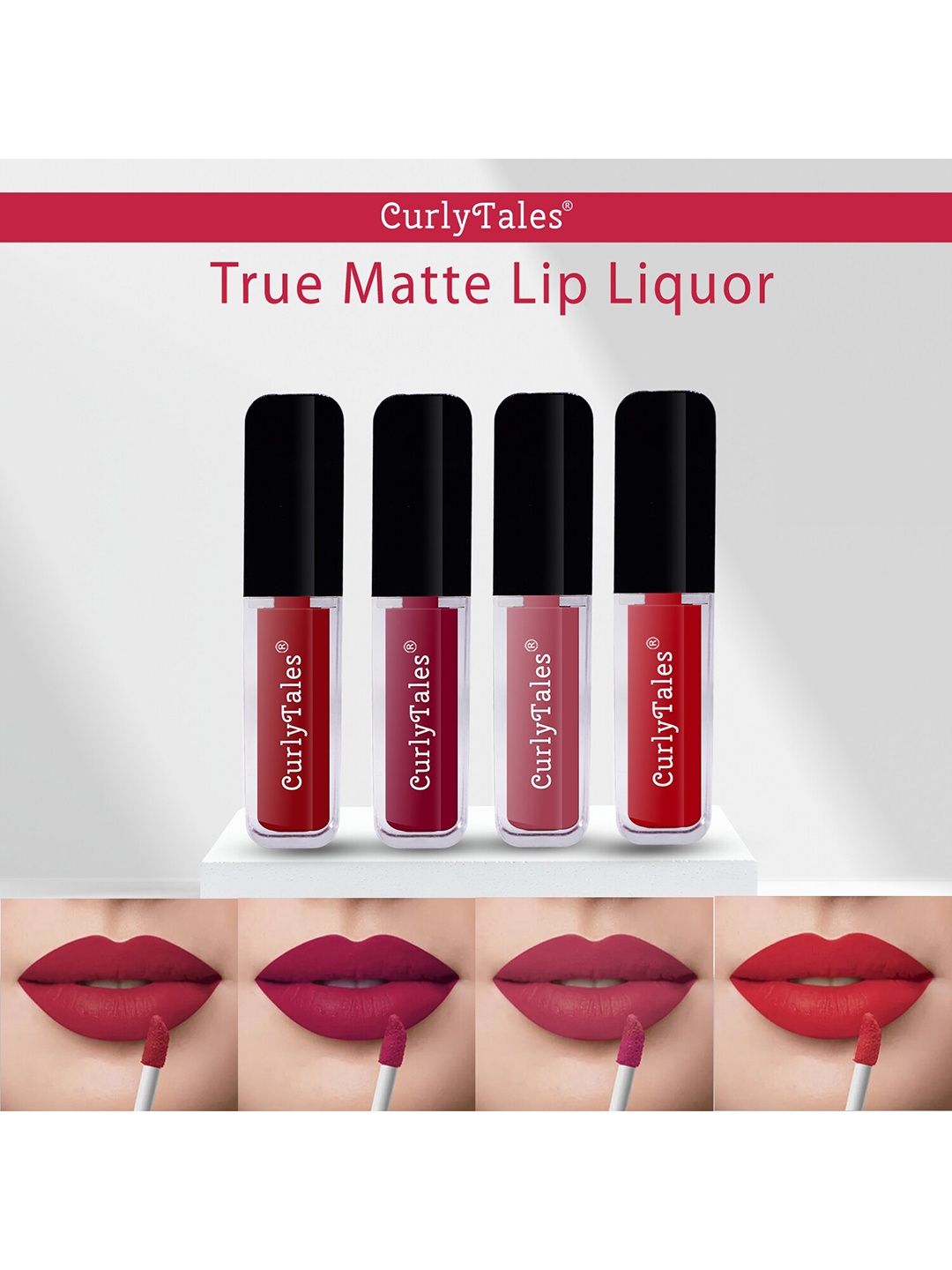 

CurlyTales Set of 4 Lightweight & Waterproof True Matte Liquid Lipsticks 4 ml Each- Red 03 - Cherry Red 07 - Pink Nude 08 - Red 11