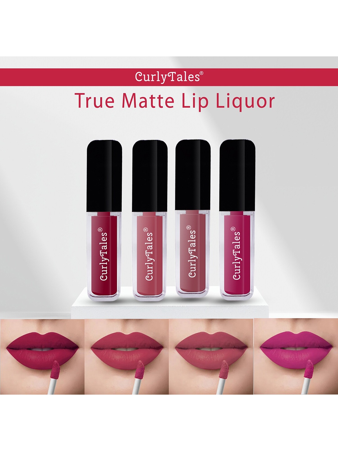 

CurlyTales Set of 4 Lightweight & Waterproof True Matte Liquid Lipsticks 4 ml Each- Cherry Red 07 - Pink Nude 08 - Nude 09 - Pink 12