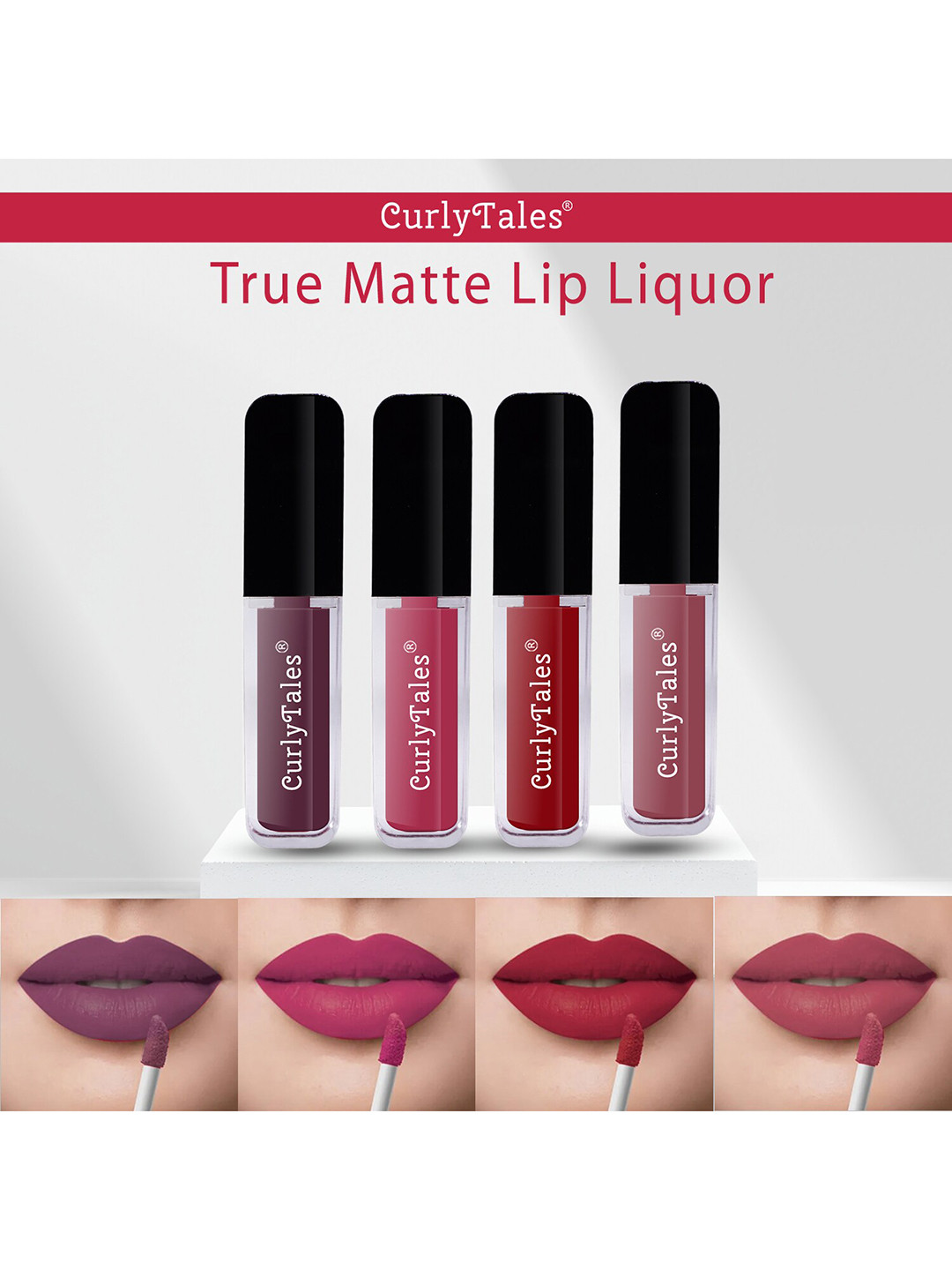 

CurlyTales Set of 4 Lightweight & Waterproof True Matte Liquid Lipsticks 4 ml Each- Light Purple 01 - Peach 02 - Red 03 - Nude 09