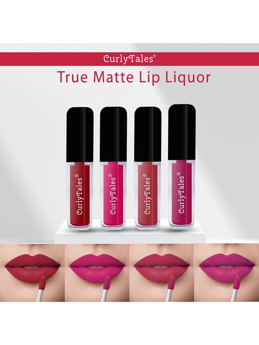 

CurlyTales Set of 4 True Matte Vegan Long Lasting Liquid Lipstick with Vit E - 4 ml each, Pink