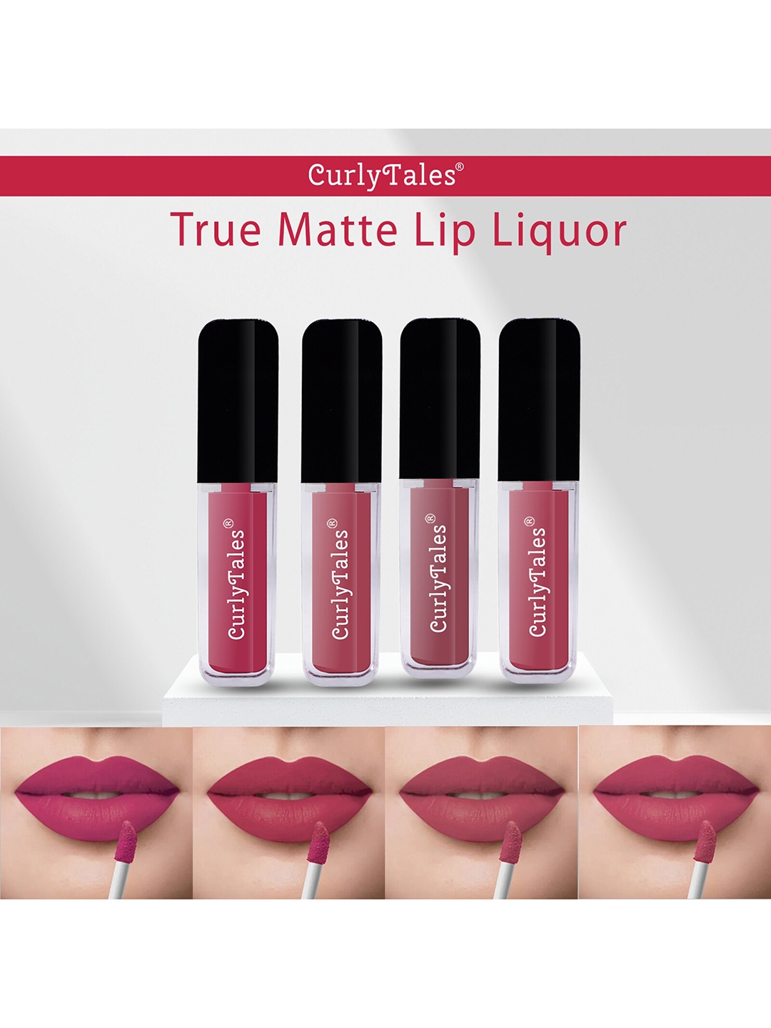 

CurlyTales Set of 4 True Matte Vegan Long Lasting Liquid Lipstick with Vit E - 4 ml each, Pink