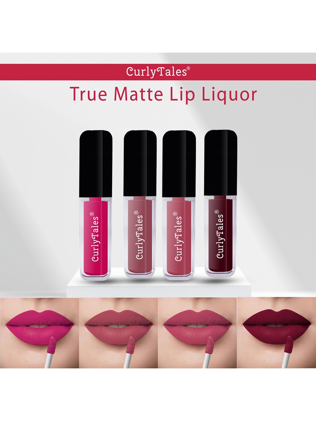 

CurlyTales Set of 4 True Matte Vegan Long Lasting Liquid Lipstick with Vit E - 4 ml each, Pink