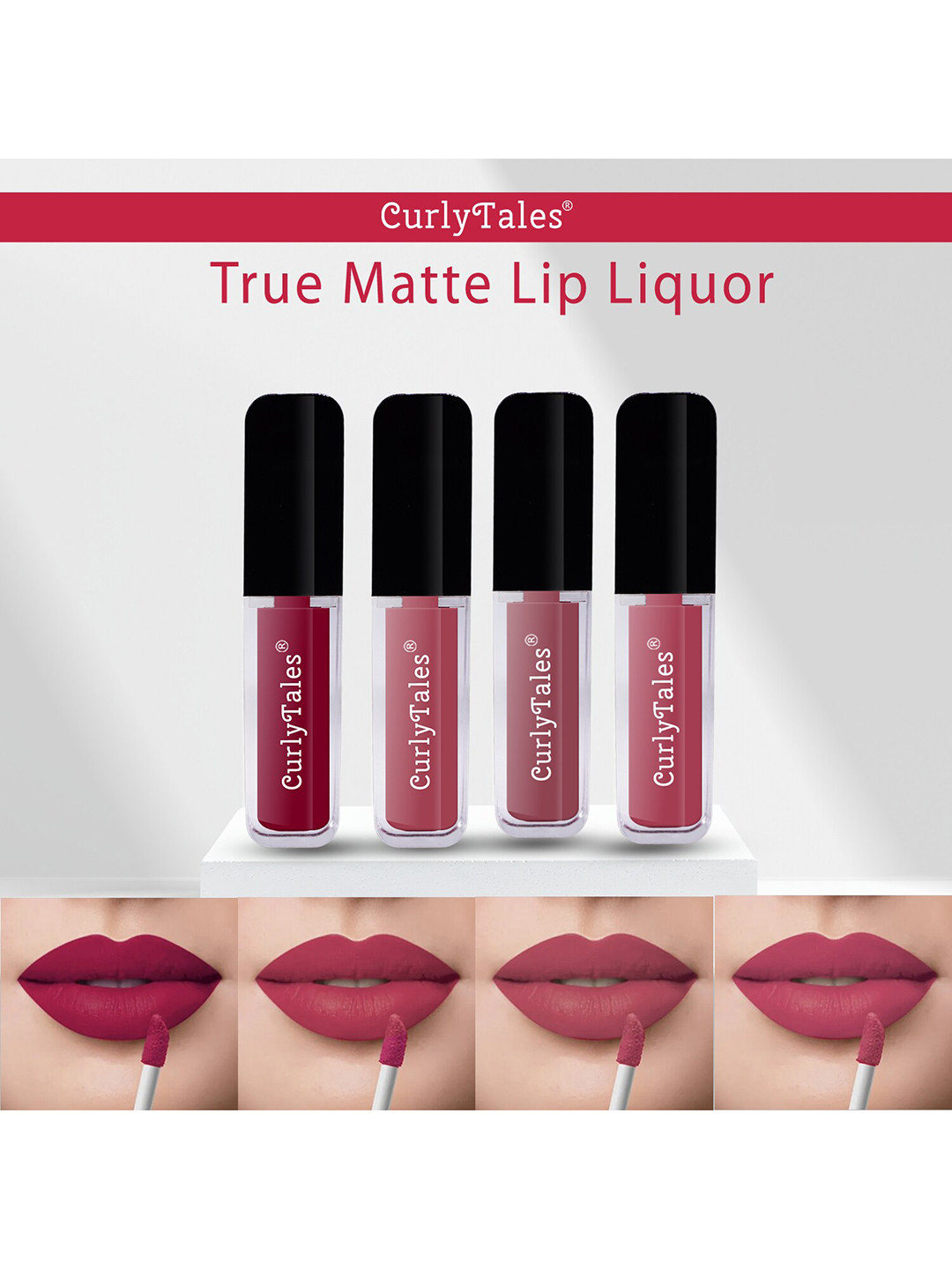 

CurlyTales Set of 4 True Matte Vegan Long Lasting Liquid Lipstick with Vit E - 4 ml each, Pink
