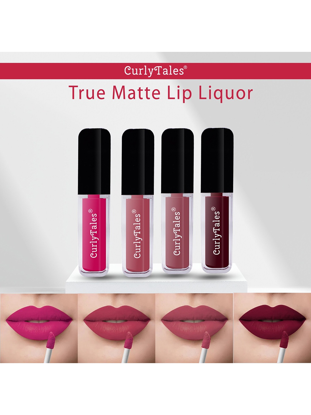 

CurlyTales Set of 4 True Matte Vegan Long Lasting Liquid Lipstick with Vit E - 4 ml each, Nude