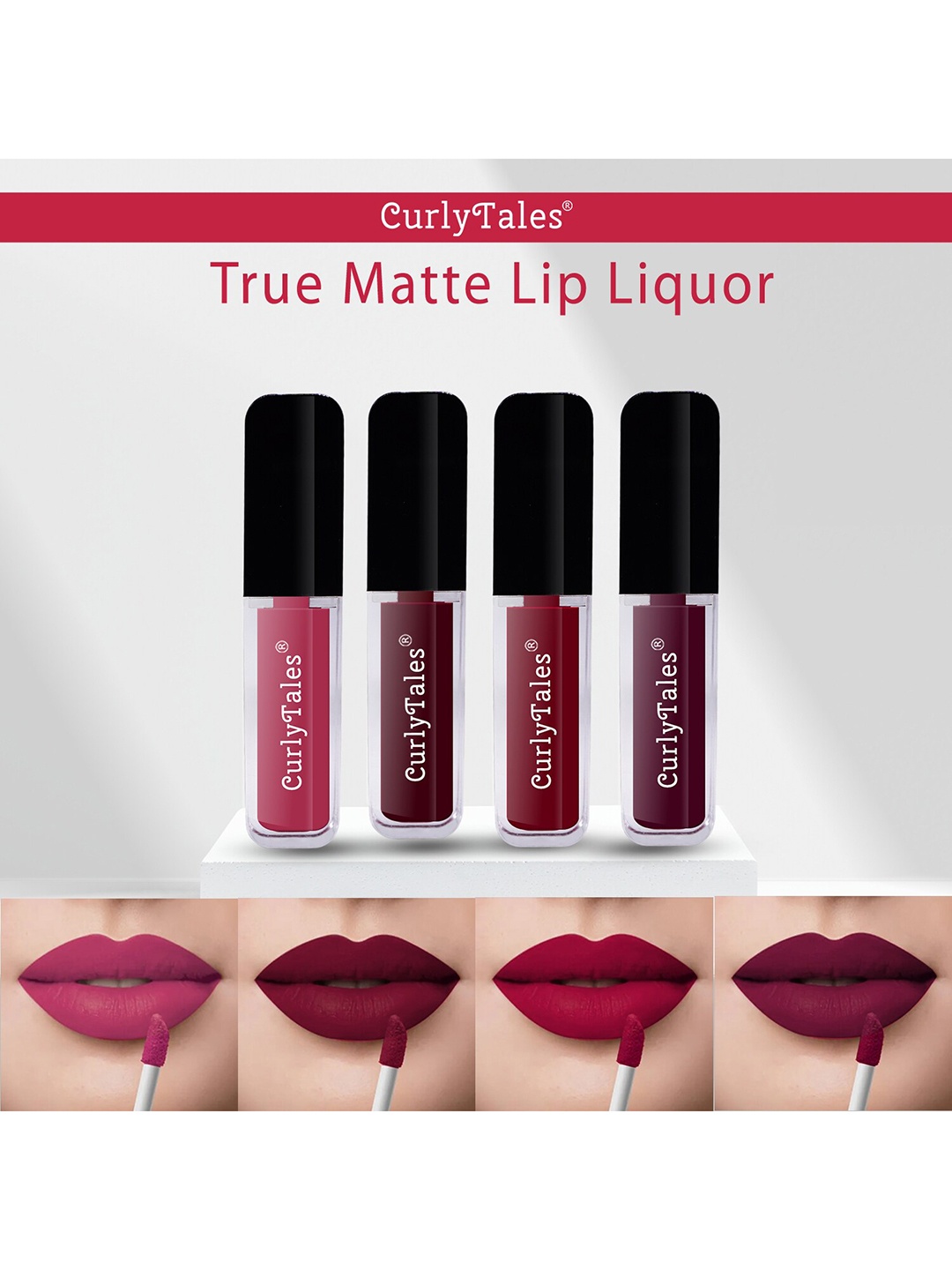 

CurlyTales Set of 4 True Matte Vegan Long Lasting Liquid Lipstick with Vit E - 4 ml each, Maroon