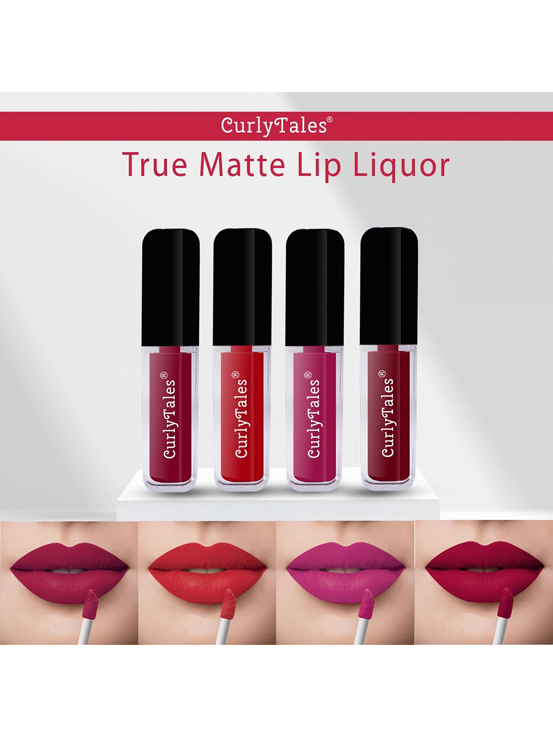 

CurlyTales Set of 4 True Matte Vegan Long Lasting Liquid Lipstick with Vit E - 4 ml each, Maroon