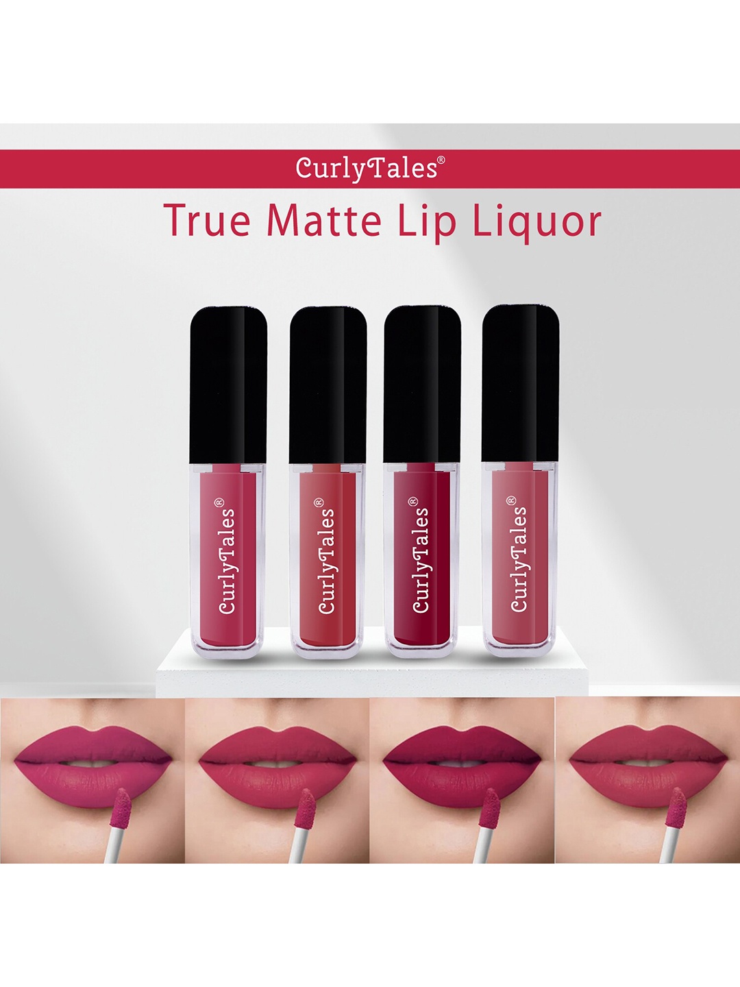 

CurlyTales Set of 4 True Matte Vegan Long Lasting Liquid Lipstick with Vit E - 4 ml each, Nude