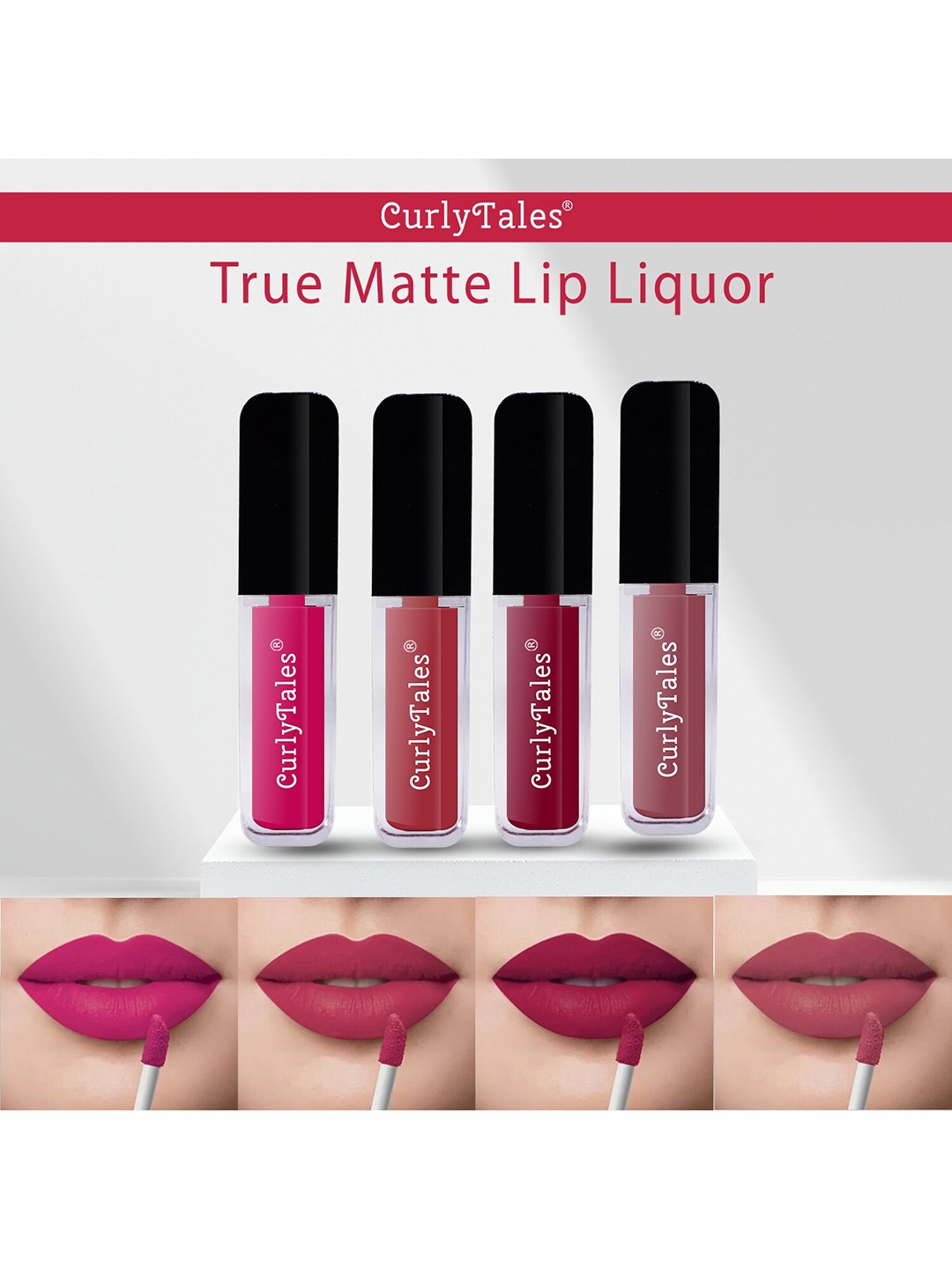 

CurlyTales Set of 4 True Matte Vegan Long Lasting Liquid Lipstick with Vit E - 4 ml each, Nude