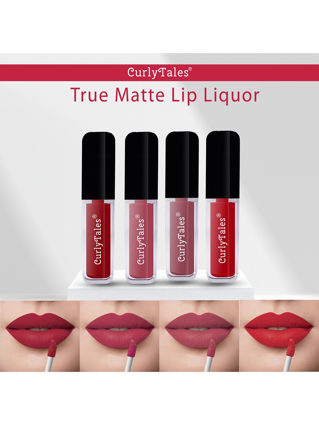 

CurlyTales Set of 4 True Matte Vegan Long Lasting Liquid Lipstick with Vit E - 4 ml each, Red