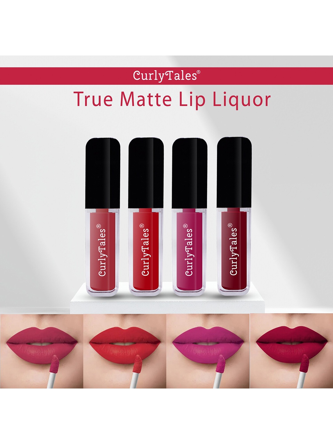 

CurlyTales Set of 4 True Matte Vegan Long Lasting Liquid Lipstick with Vit E - 4 ml each, Maroon