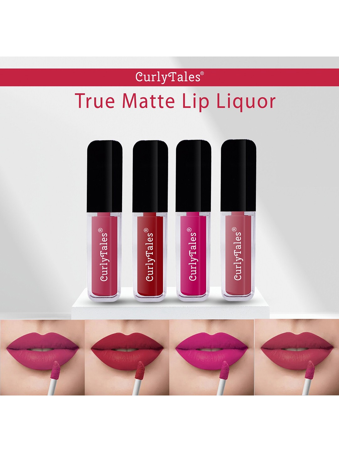 

CurlyTales Set of 4 True Matte Vegan Long Lasting Liquid Lipstick with Vit E - 4 ml each, Nude