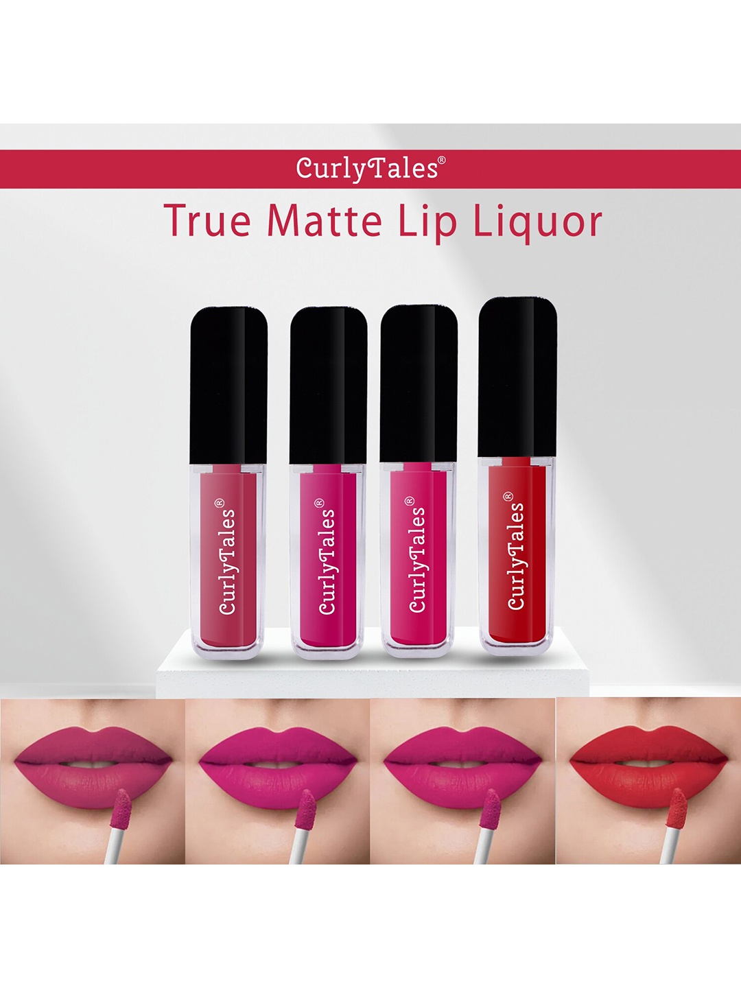 

CurlyTales Set of 4 True Matte Vegan Long Lasting Liquid Lipstick with Vit E - 4 ml each, Pink