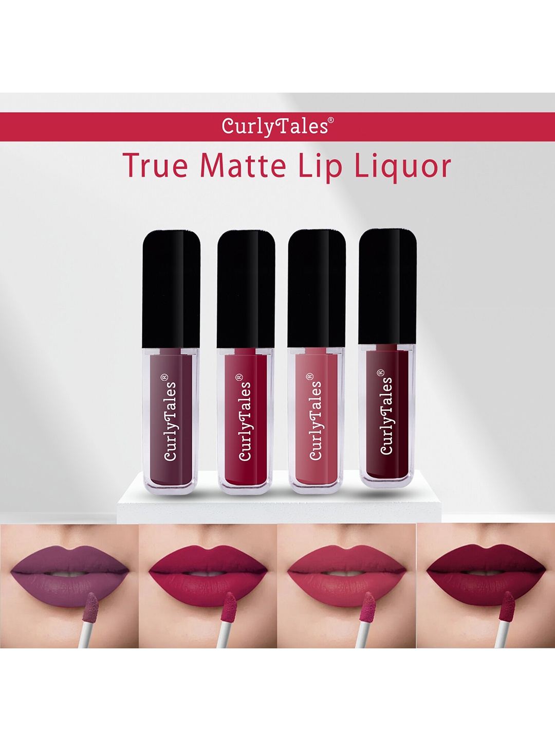 

CurlyTales Set of 4 True Matte Vegan Long Lasting Liquid Lipstick with Vit E - 4 ml each, Red