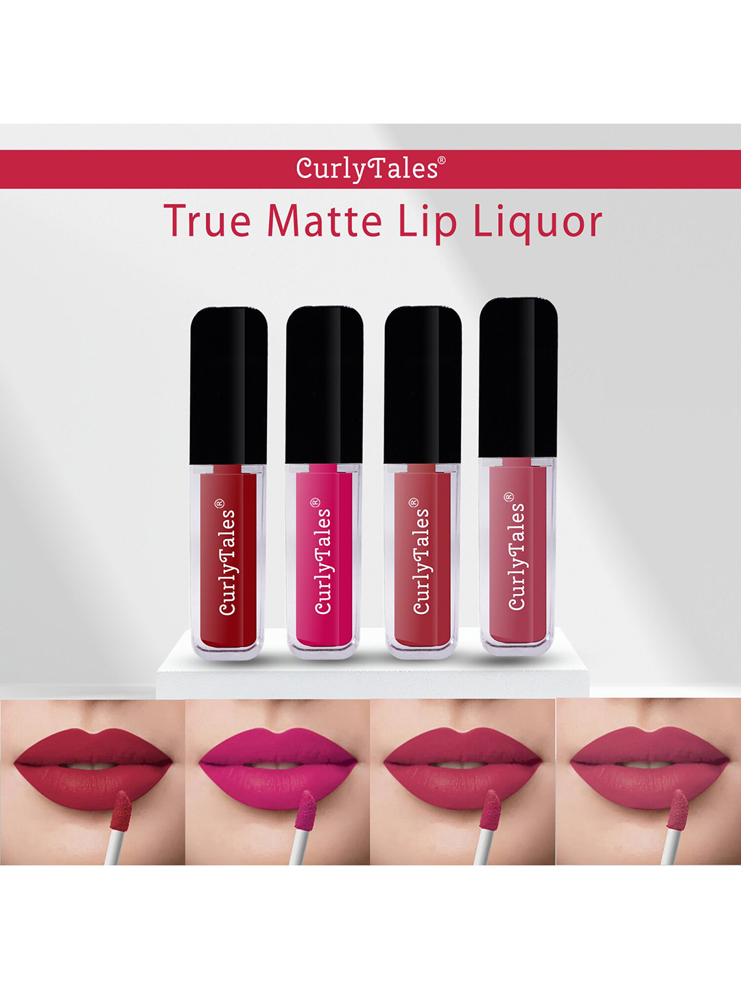 

CurlyTales Set of 4 True Matte Vegan Long Lasting Liquid Lipstick with Vit E - 4 ml each, Pink