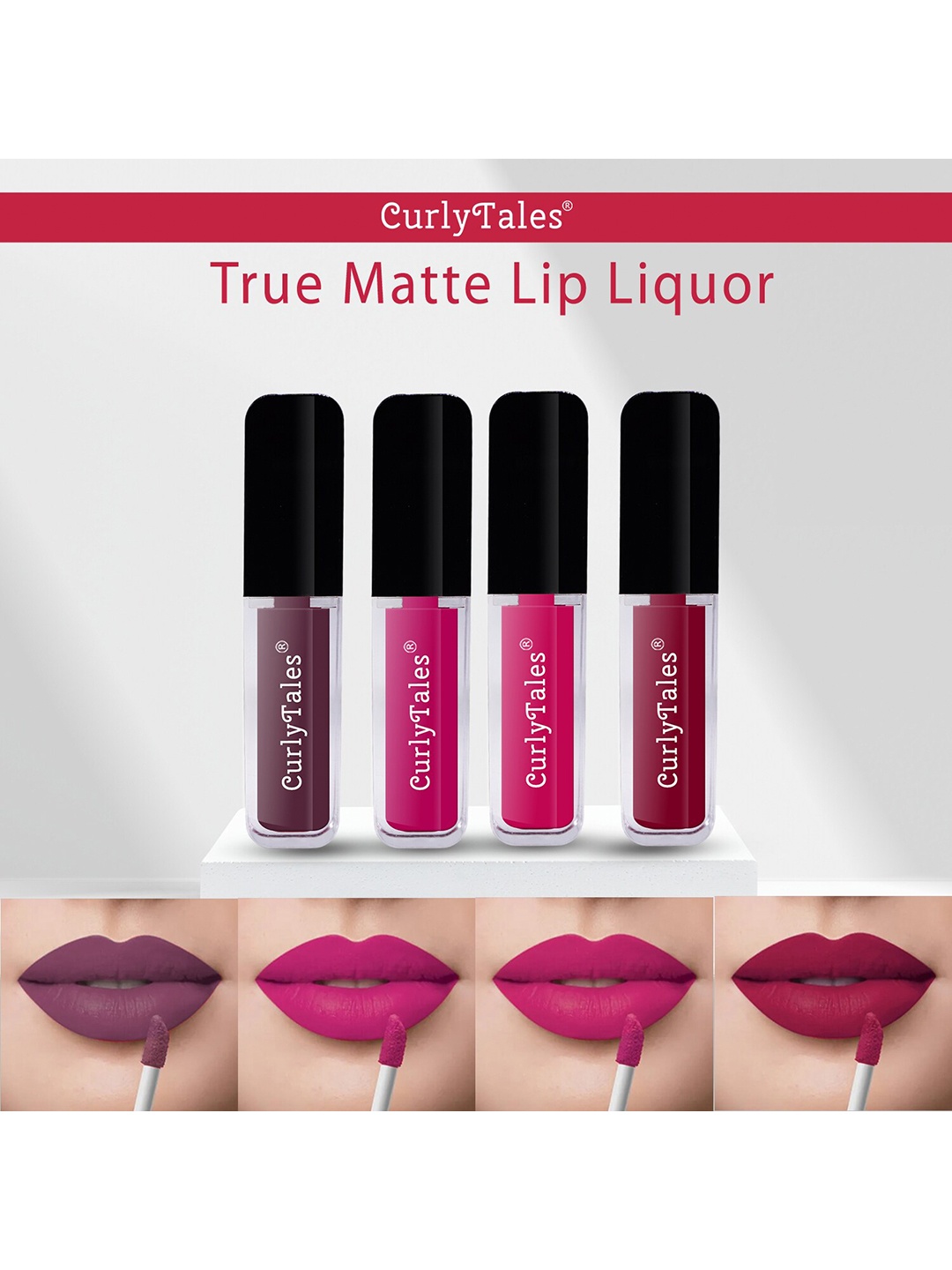 

CurlyTales Set of 4 True Matte Vegan Long Lasting Liquid Lipstick with Vit E - 4 ml each, Purple