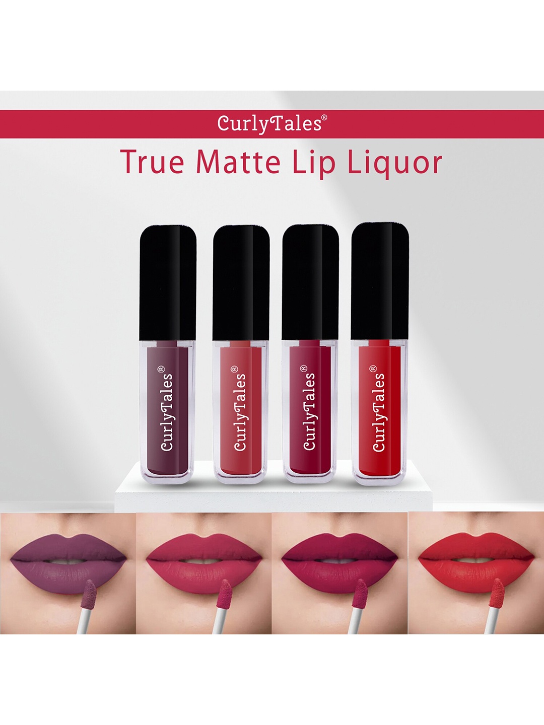 

CurlyTales Set of 4 True Matte Vegan Long Lasting Liquid Lipstick with Vit E - 4 ml each, Red