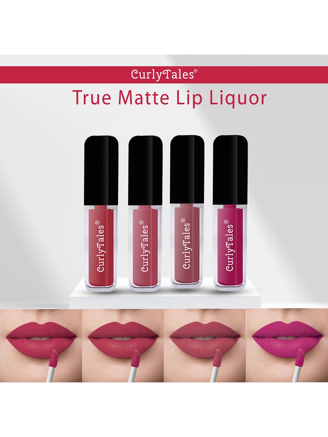 

CurlyTales Set of 4 True Matte Vegan Long Lasting Liquid Lipstick with Vit E - 4 ml each, Pink