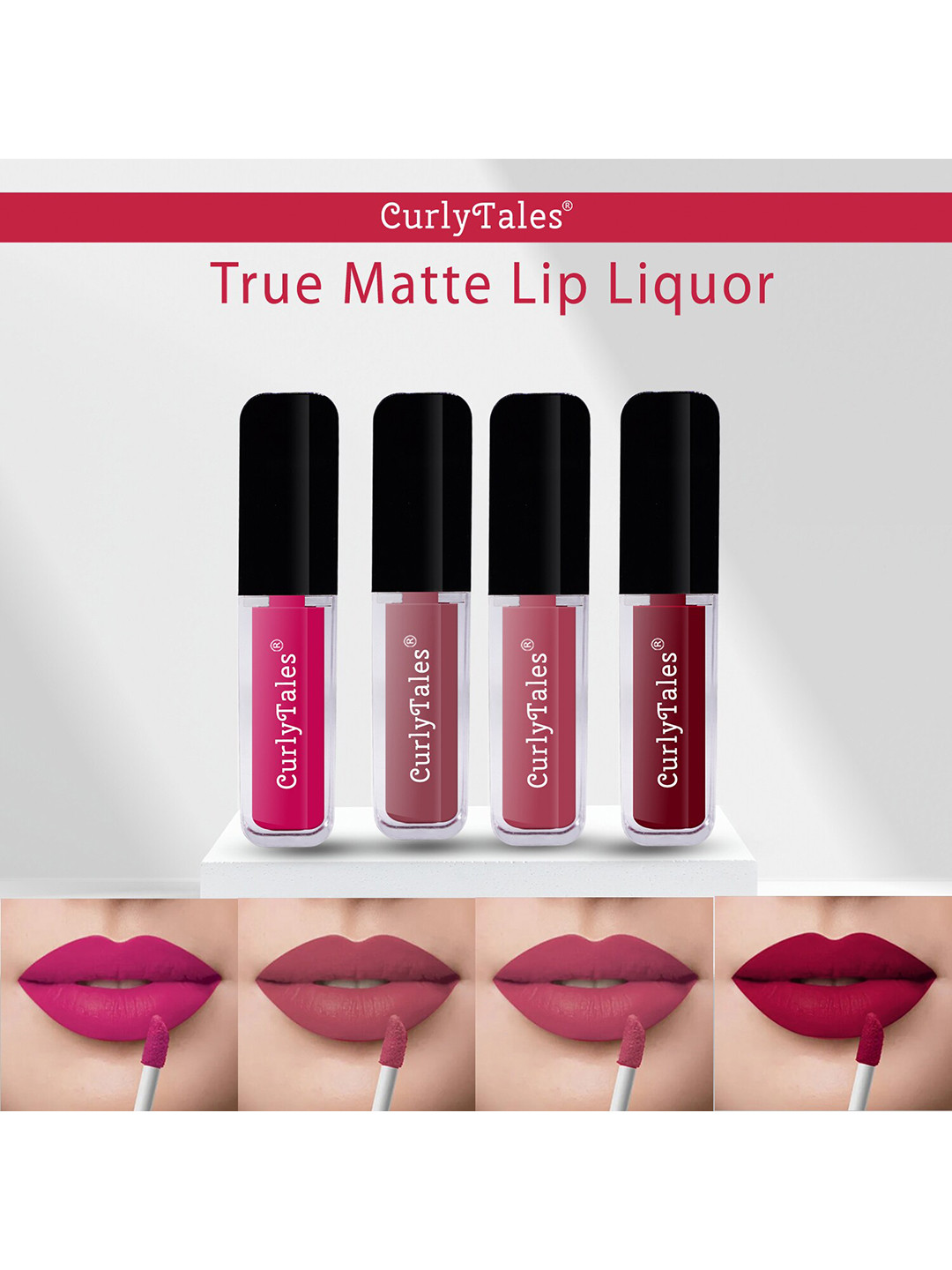 

CurlyTales Set of 4 True Matte Vegan Long Lasting Liquid Lipstick with Vit E - 4 ml each, Nude