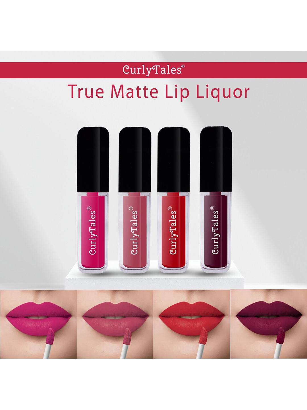 

CurlyTales Set of 4 True Matte Vegan Long Lasting Liquid Lipstick with Vit E - 4 ml each, Maroon