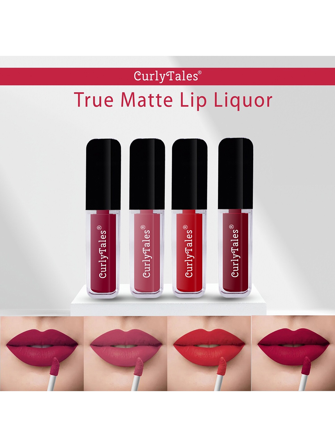 

CurlyTales Set of 4 True Matte Vegan Long Lasting Liquid Lipstick with Vit E - 4 ml each, Maroon