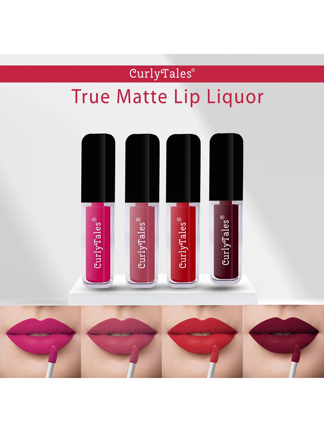 

CurlyTales Set of 4 True Matte Vegan Long Lasting Liquid Lipstick with Vit E - 4 ml each, Pink