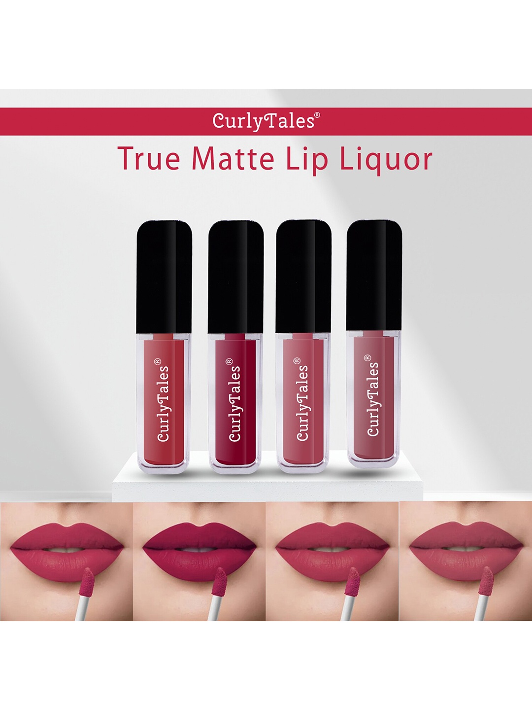 

CurlyTales Set of 4 True Matte Vegan Long Lasting Liquid Lipstick with Vit E - 4 ml each, Pink