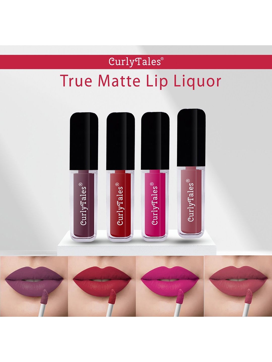 

CurlyTales Set of 4 True Matte Vegan Long Lasting Liquid Lipstick with Vit E - 4 ml each, Red