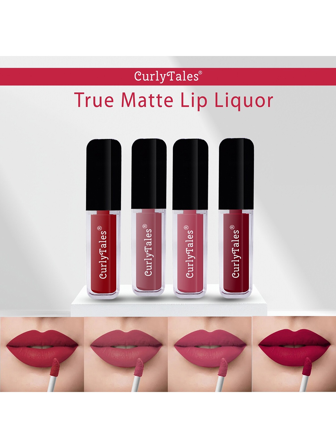 

CurlyTales Set of 4 True Matte Vegan Long Lasting Liquid Lipstick with Vit E - 4 ml each, Maroon