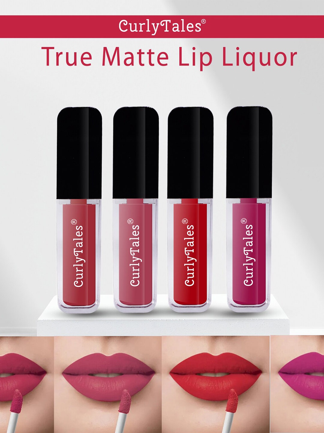 

CurlyTales Set of 4 True Matte Vegan Long Lasting Liquid Lipstick with Vit E - 4 ml each, Red