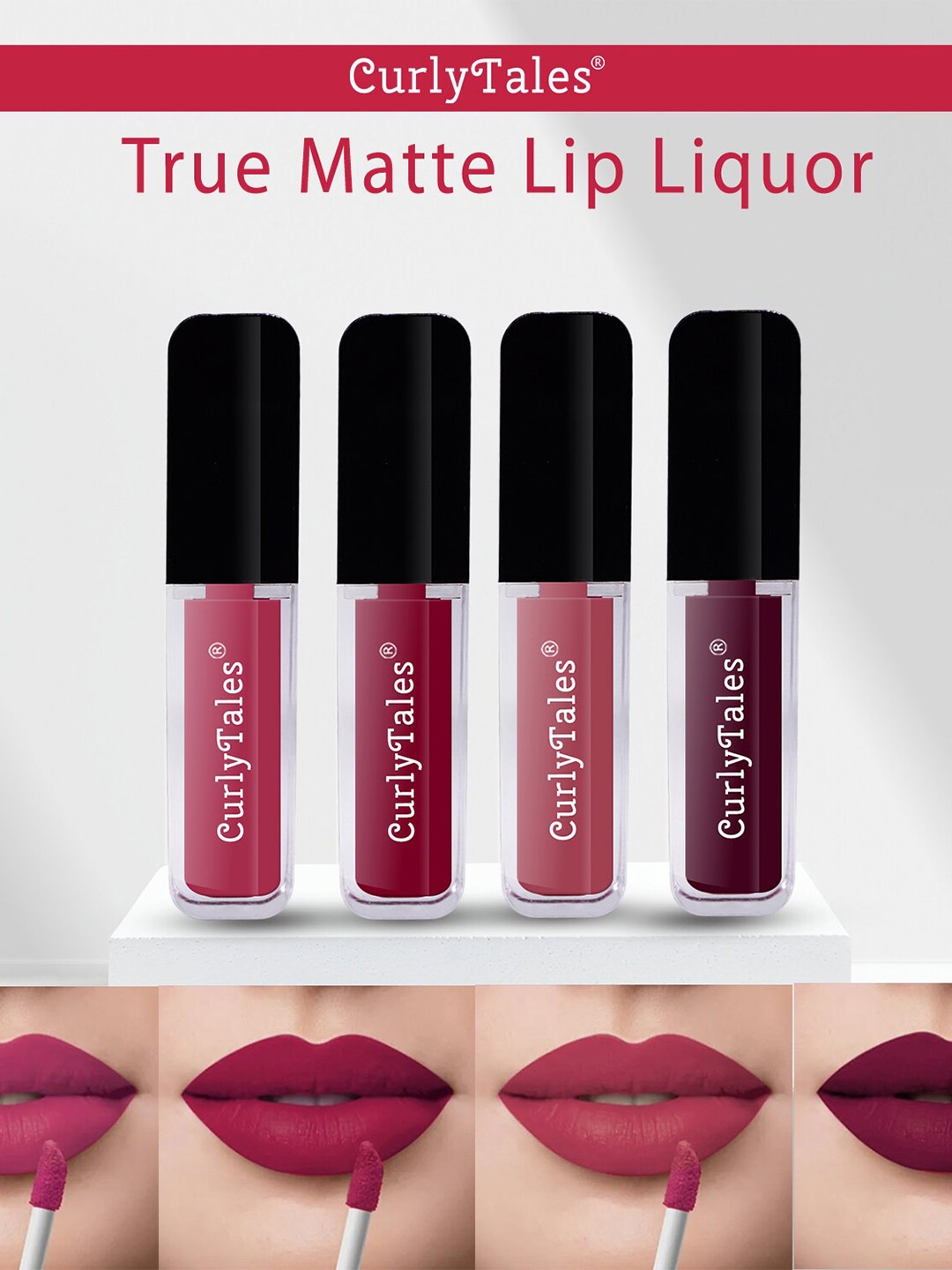 

CurlyTales Set of 4 True Matte Vegan Long Lasting Liquid Lipstick with Vit E - 4 ml each, Red