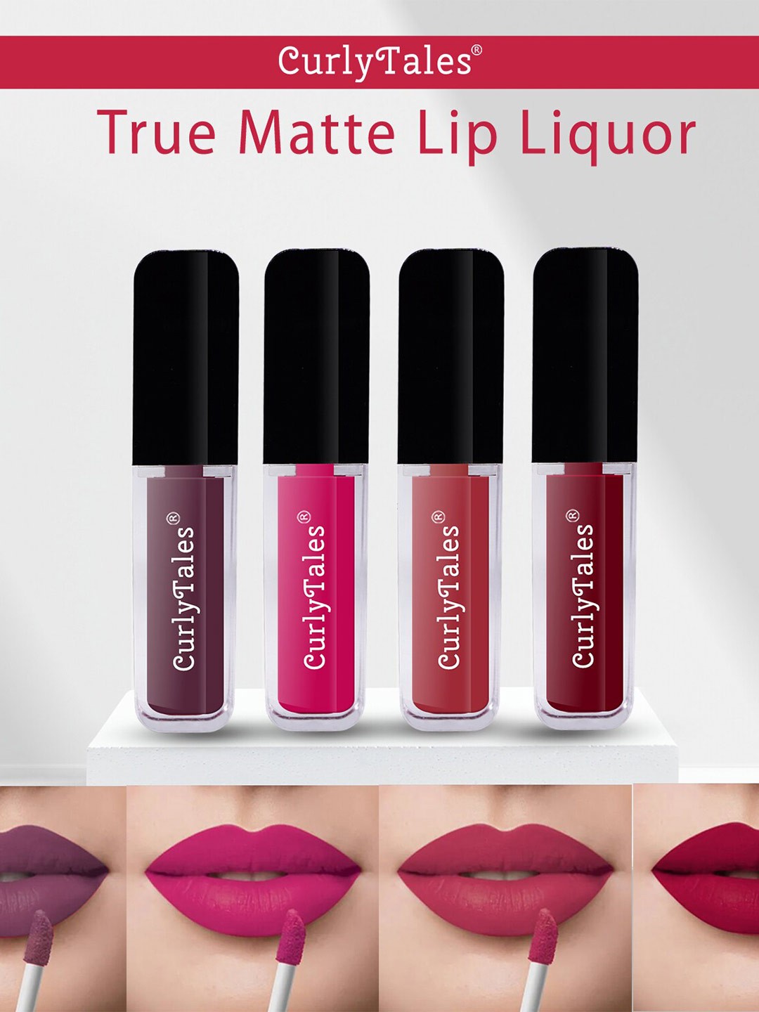 

CurlyTales Set of 4 Lightweight & Waterproof True Matte Liquid Lipsticks 4 ml Each-Purple 01 - Magenta 05 - Brick Red 06 - Maroon 14
