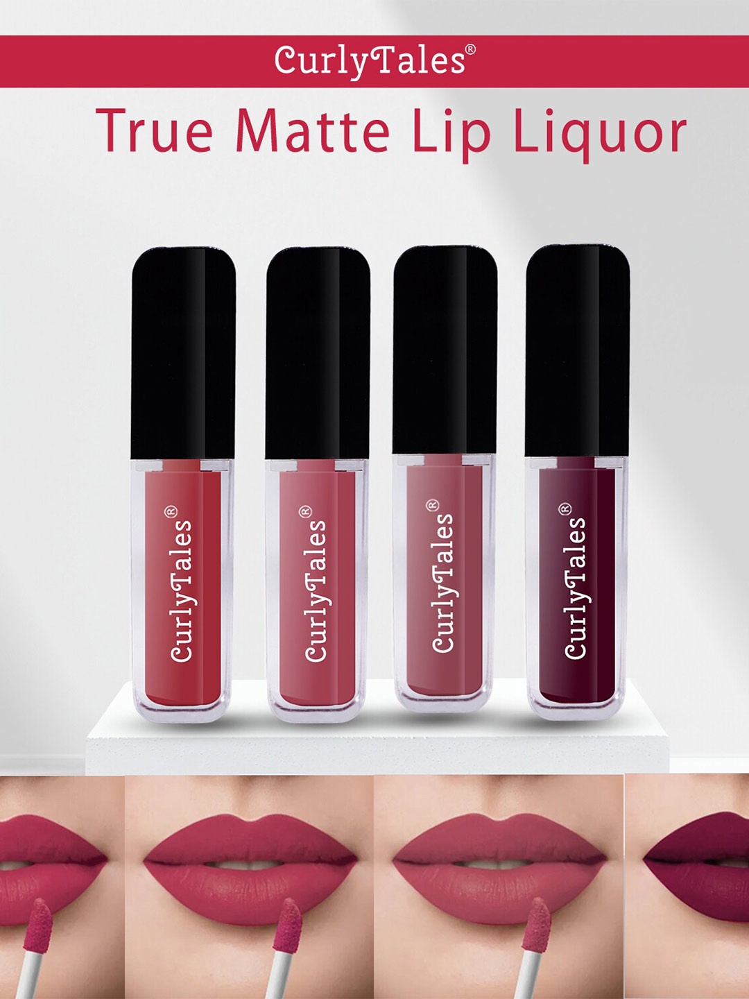 

CurlyTales Set of 4 Lightweight & Waterproof True Matte Liquid Lipsticks 4 ml Each-Brick Red 06 - Pink Nude 08 - Nude 09 - Wine 15