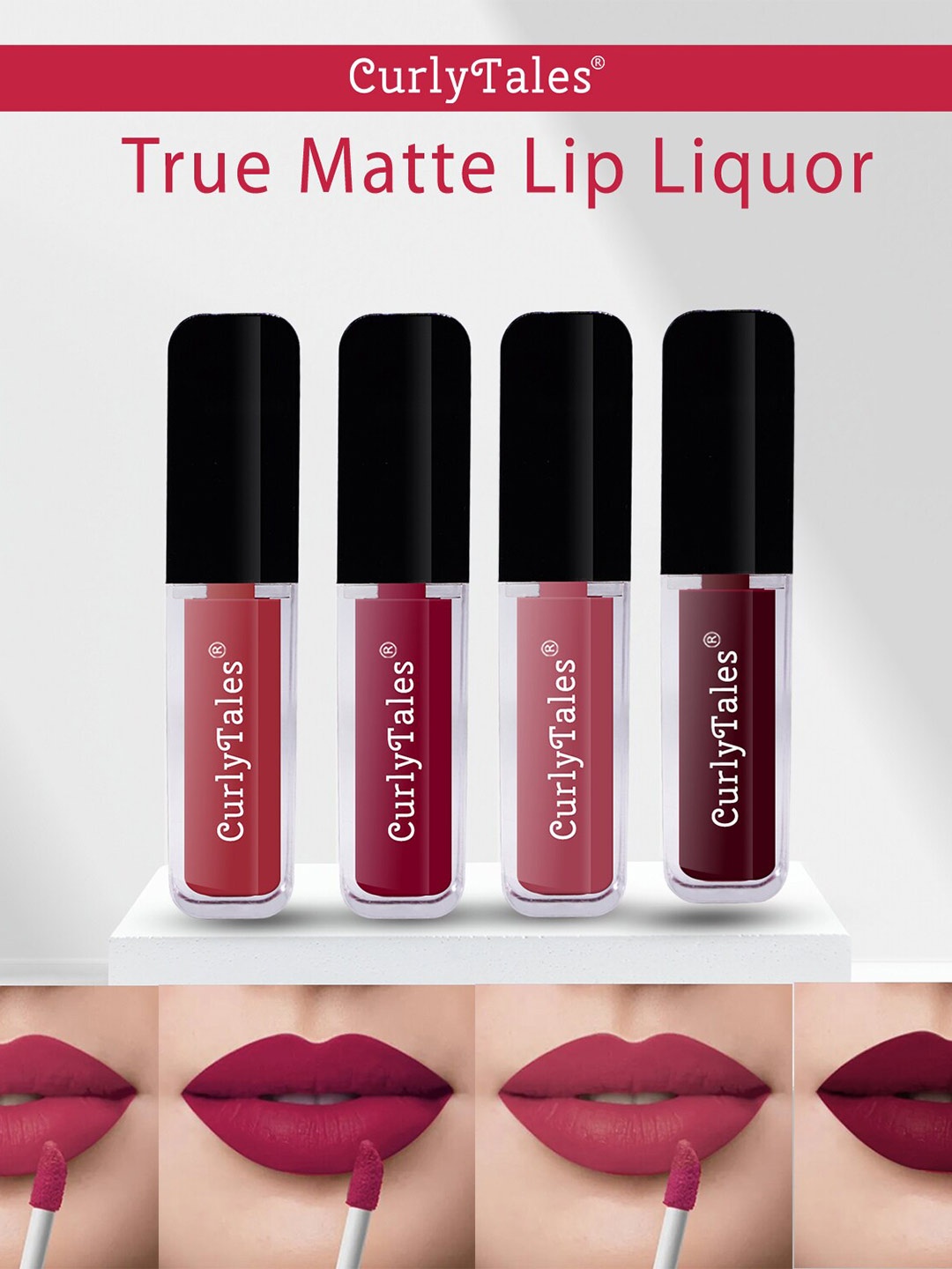 

CurlyTales Set of 4 Lightweight & Waterproof True Matte Liquid Lipsticks 4 ml Each-Brick Red 06 - Cherry Red 07 - Pink Nude 08 - Wine 13