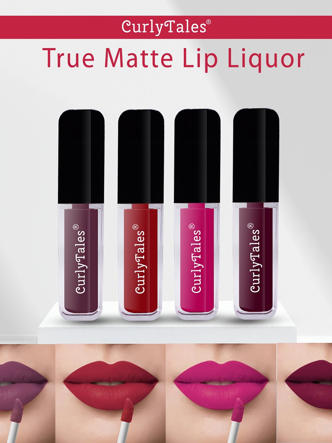 

CurlyTales Set of 4 Lightweight & Waterproof True Matte Liquid Lipsticks 4 ml Each-Light Purple 01 - Red 03 - Magenta 04 - Wine 15