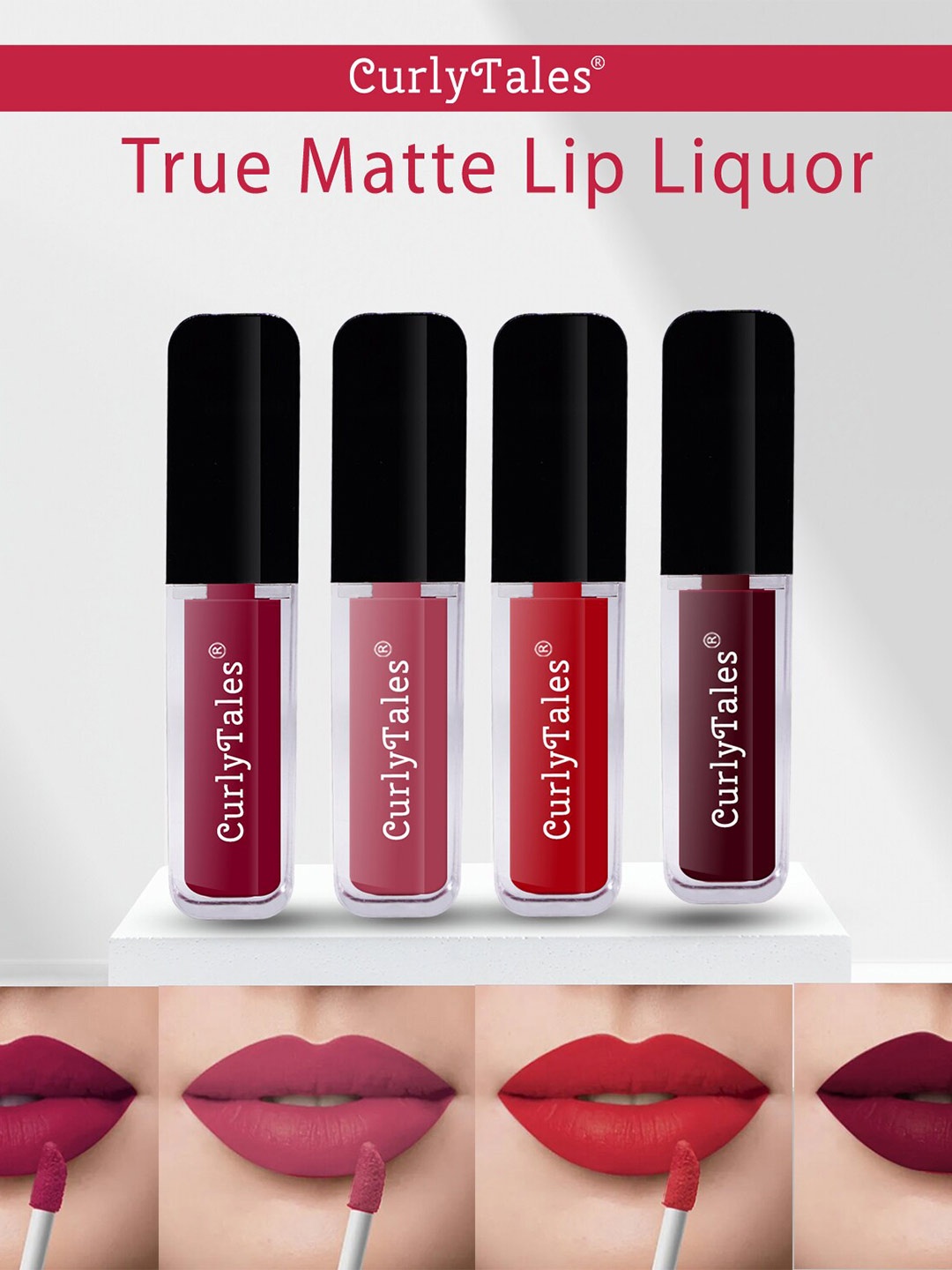 

CurlyTales Set of 4 Lightweight & Waterproof True Matte Liquid Lipsticks 4 ml Each-Cherry Red 07 - Peach 10 - Red 11 - Wine 13