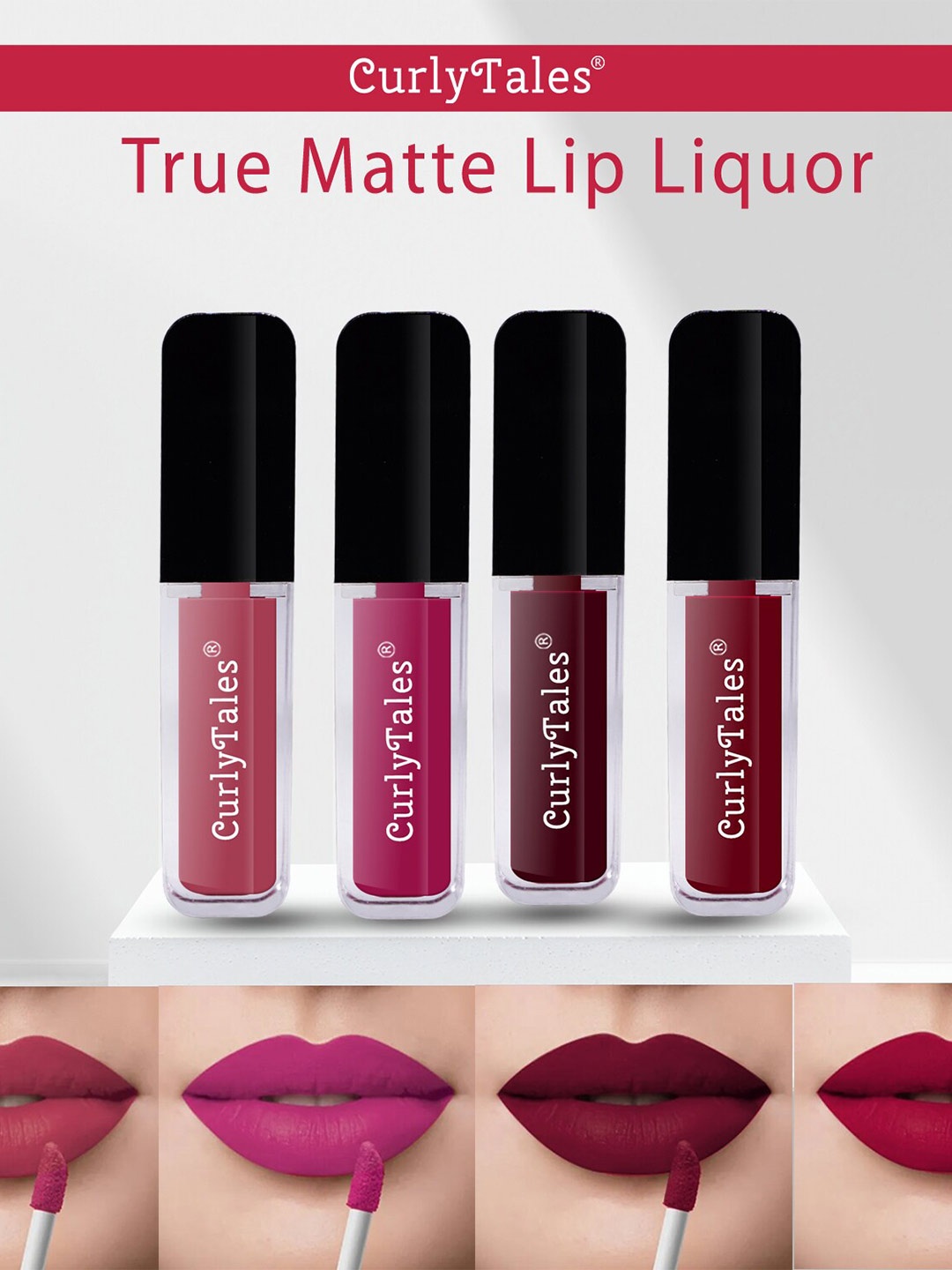 

CurlyTales Set of 4 Lightweight & Waterproof True Matte Liquid Lipsticks 4 ml Each-Peach 10 - Pink 12 - Wine 13 - Maroon 14