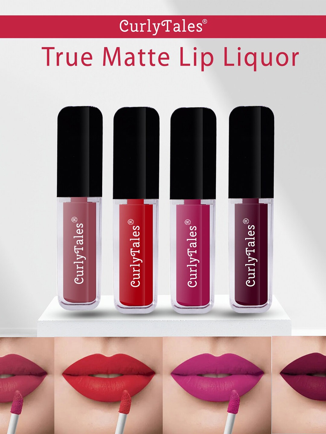 

CurlyTales Set of 4 Lightweight & Waterproof True Matte Liquid Lipsticks 4 ml Each-Nude 09 - Red 11 - Pink 12 - Wine 15