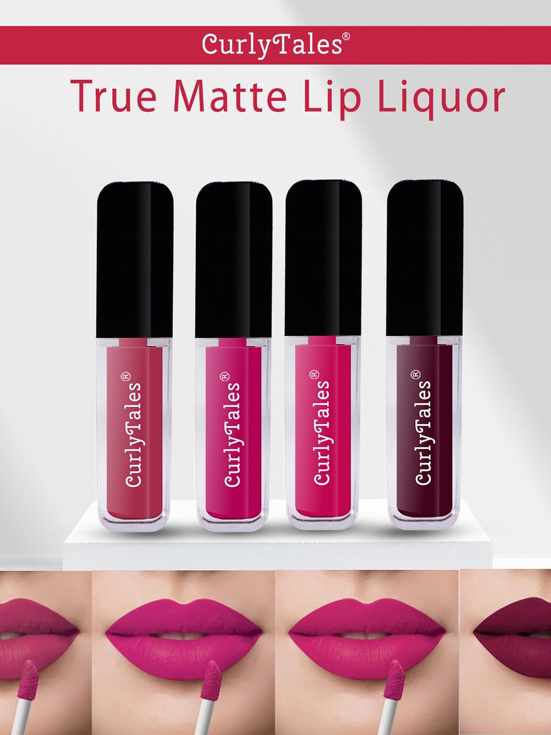 

CurlyTales Set of 4 Lightweight & Waterproof True Matte Liquid Lipsticks 4 ml Each-Peach 02 - Magenta 04 - Magenta Pink 05 - Wine 15