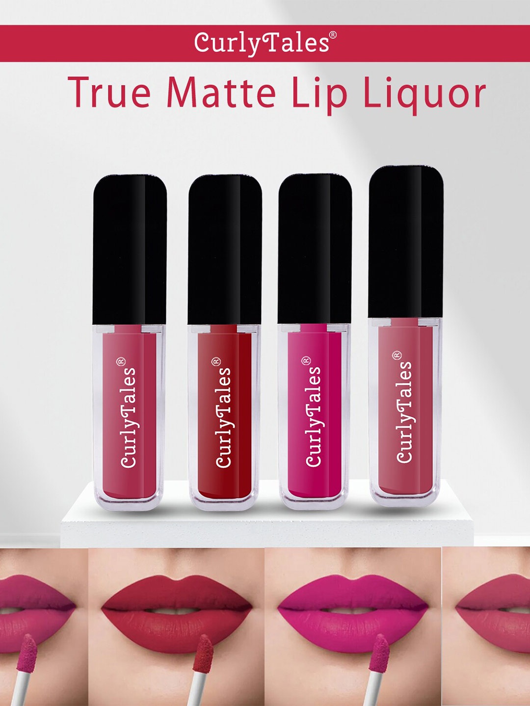 

CurlyTales Set of 4 Lightweight & Waterproof True Matte Liquid Lipsticks 4 ml Each-Peach 02 - Red 03 - Magenta 04 - Peach 10