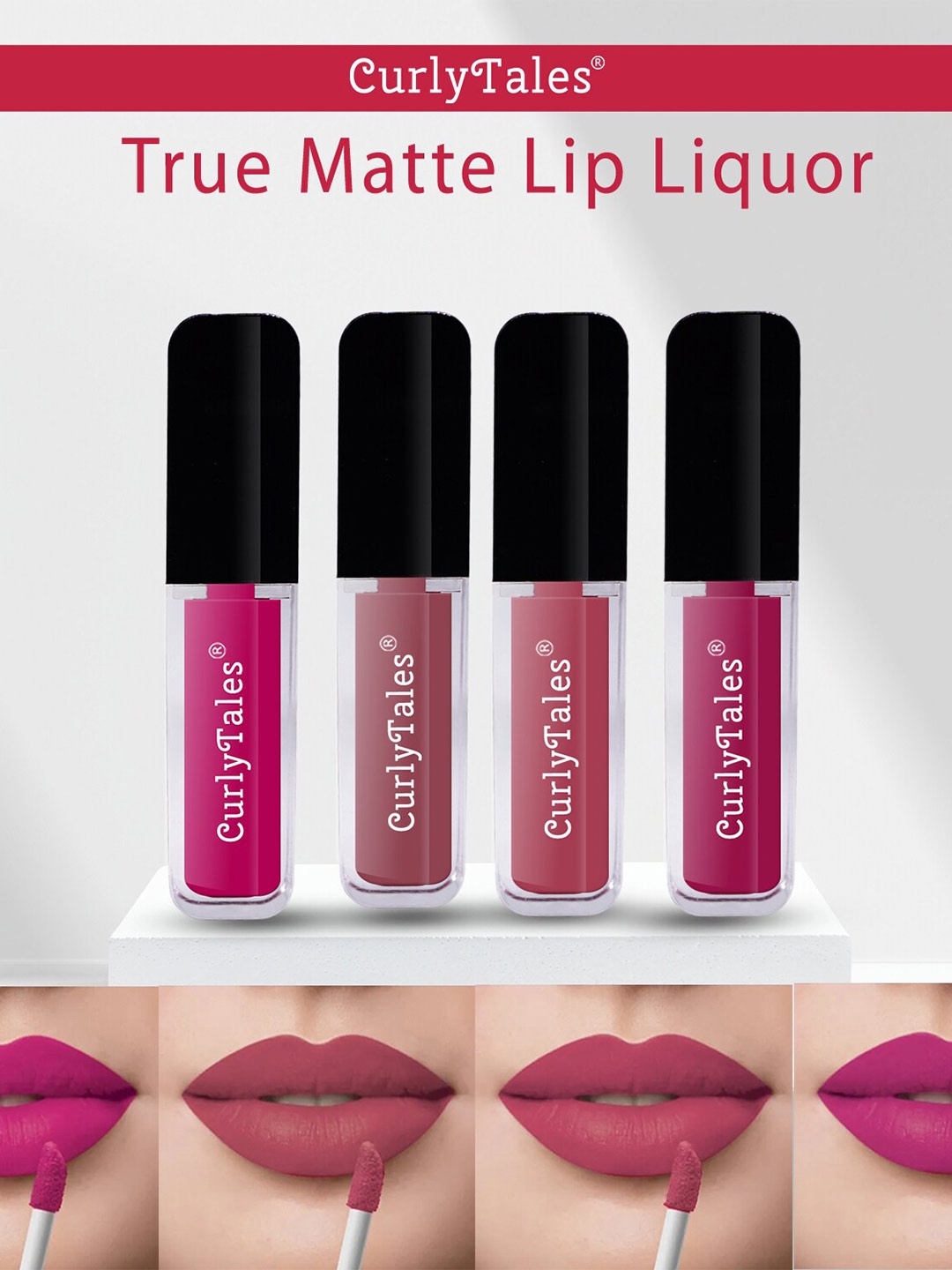 

CurlyTales Set of 4 Lightweight & Waterproof True Matte Liquid Lipsticks 4 ml Each-Magenta 04 - Nude 09 - Peach 10 - Pink 12