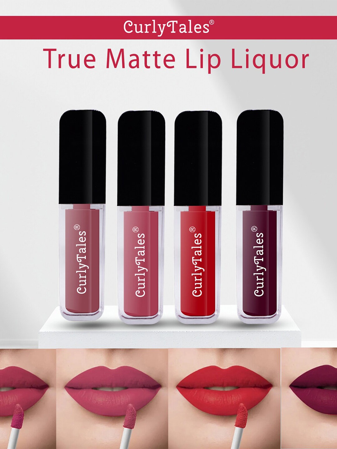 

CurlyTales Set of 4 Lightweight & Waterproof True Matte Liquid Lipsticks 4 ml Each-Nude 09 - Peach 10 - Red 11 - Wine 15