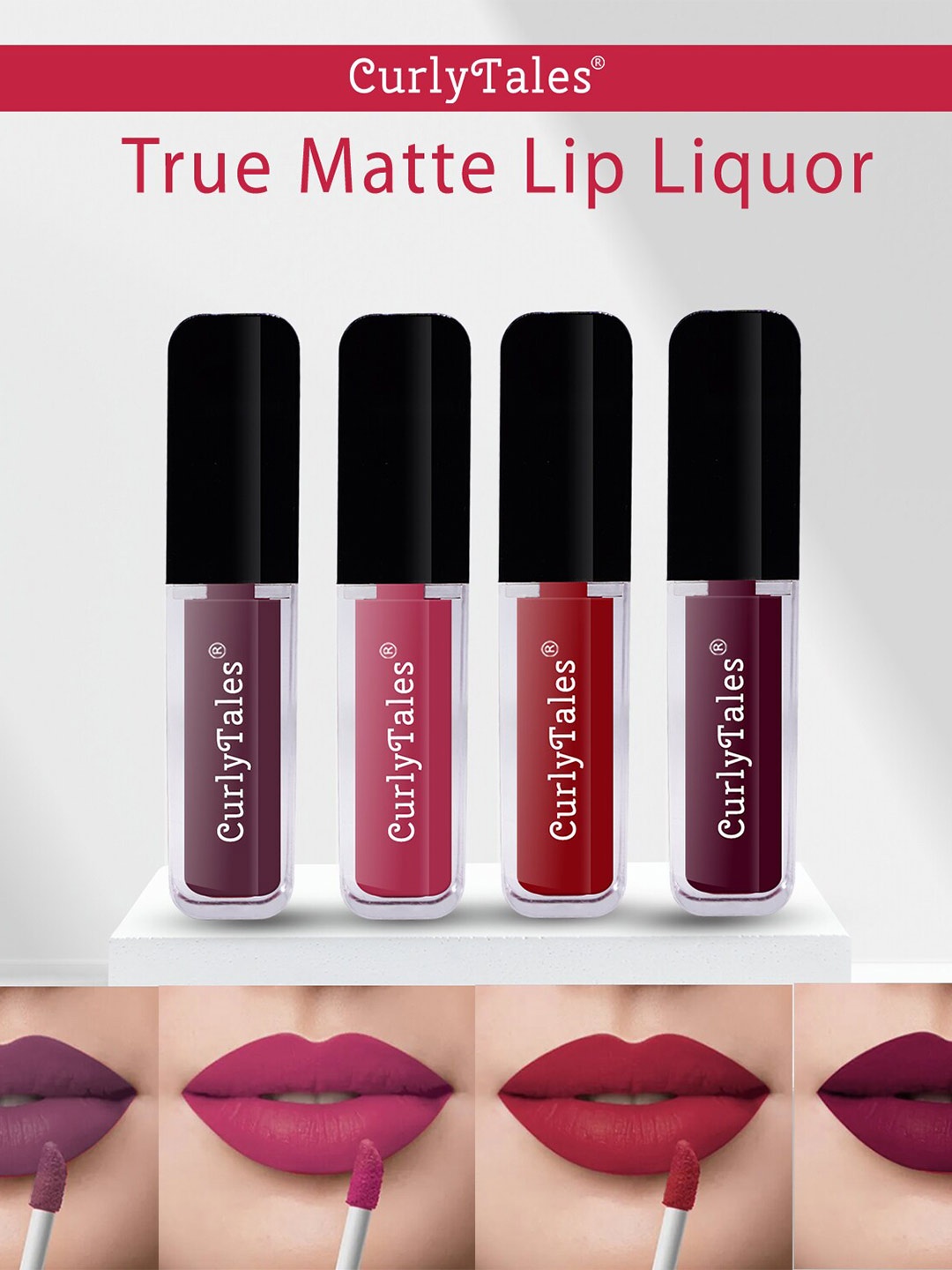 

CurlyTales Set of 4 Lightweight & Waterproof True Matte Liquid Lipsticks 4 ml Each-Light Purple 01 - Peach 02 - Red 03 - Wine 15