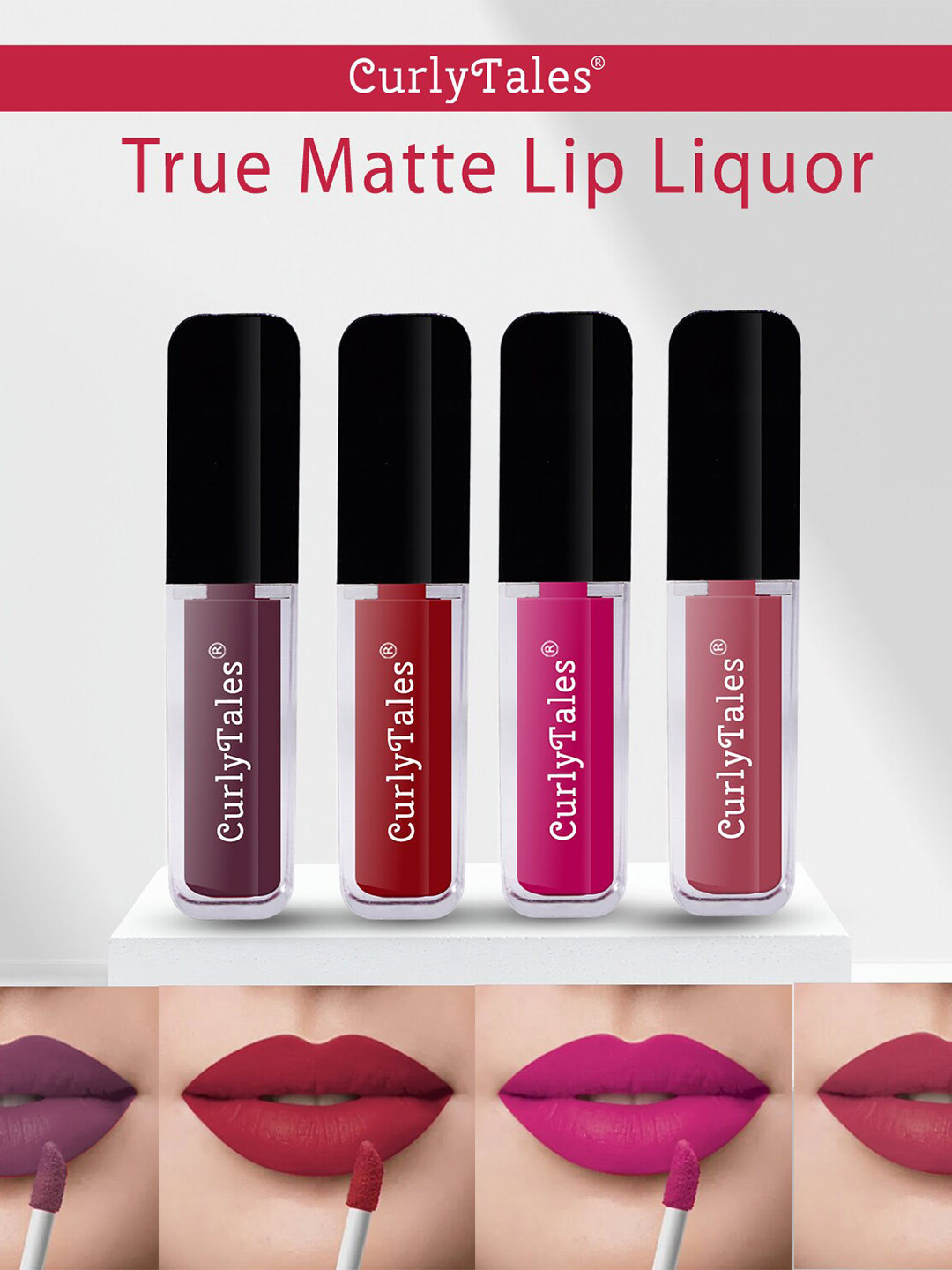 

CurlyTales Set of 4 Lightweight & Waterproof True Matte Liquid Lipsticks 4 ml Each-Light Purple 01 - Red 03 - Magenta 04 - Pink Nude 08