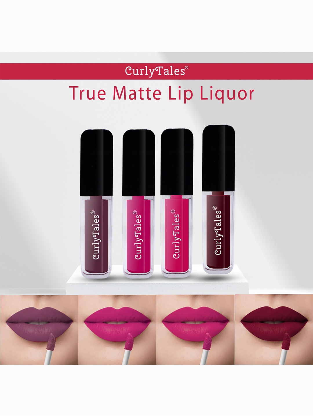 

CurlyTales Set of 4 Lightweight & Waterproof True Matte Liquid Lipsticks 4 ml Each-Light Purple 01 - Magenta 04 - Magenta Pink 05 - Wine 13