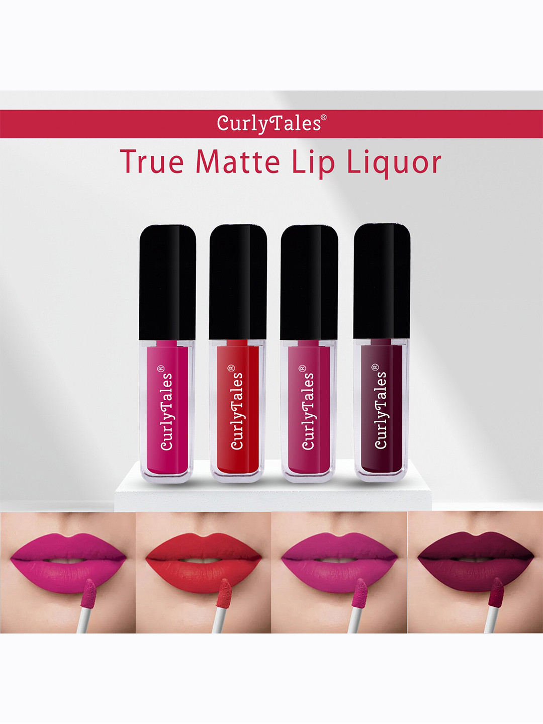

CurlyTales Set of 4 Lightweight & Waterproof True Matte Liquid Lipsticks 4 ml Each-Magenta 04 - Red 11 - Pink 12 - Wine 15